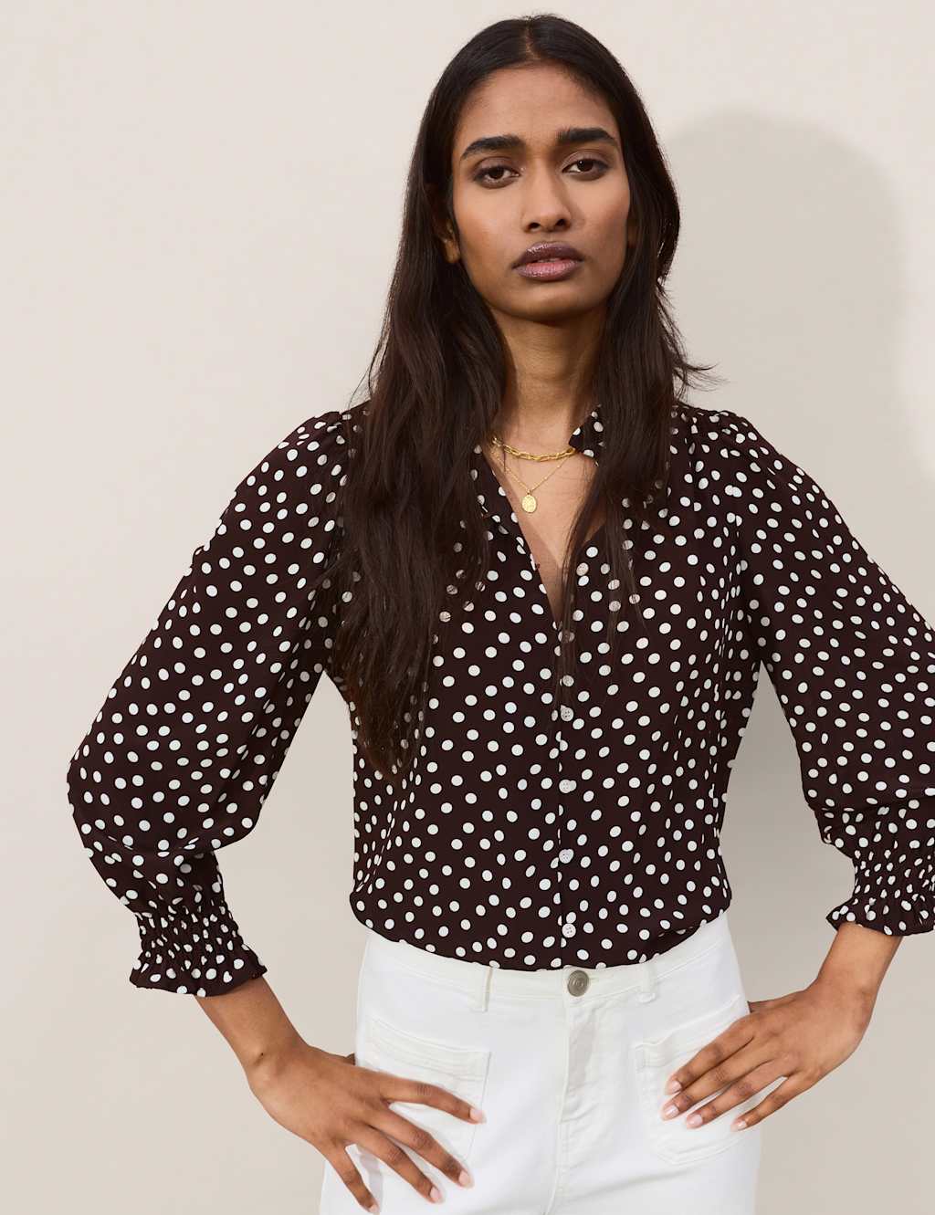 Baukjen Women's Crepe Polka Dot Collared Puff Sleeve Blouse - 12 - Brown Mix - Available at M&S