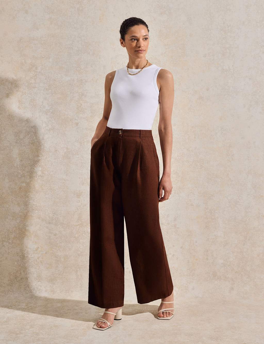 Linen Rich Buckle Detail Wide Leg Trousers