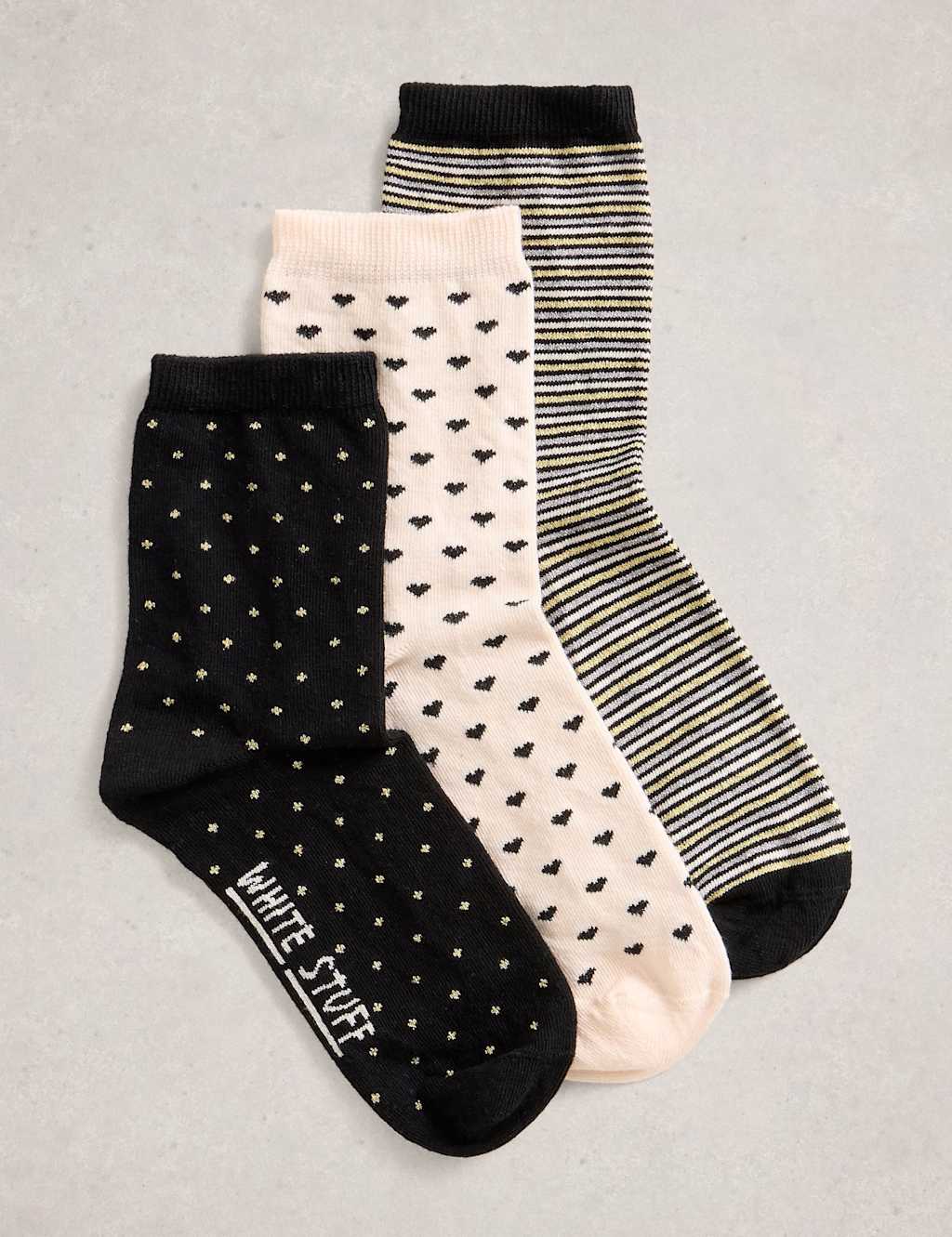 White Stuff 3pk Cotton Rich Sparkle Ankle High Socks Black Mix