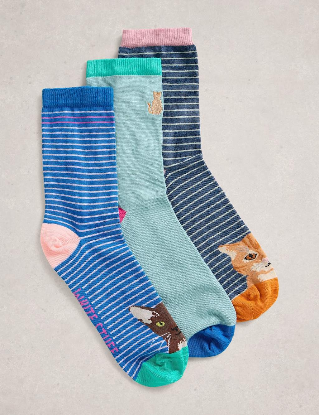 White Stuff 3pk Cotton Rich Striped Cat Ankle High Socks Blue Mix