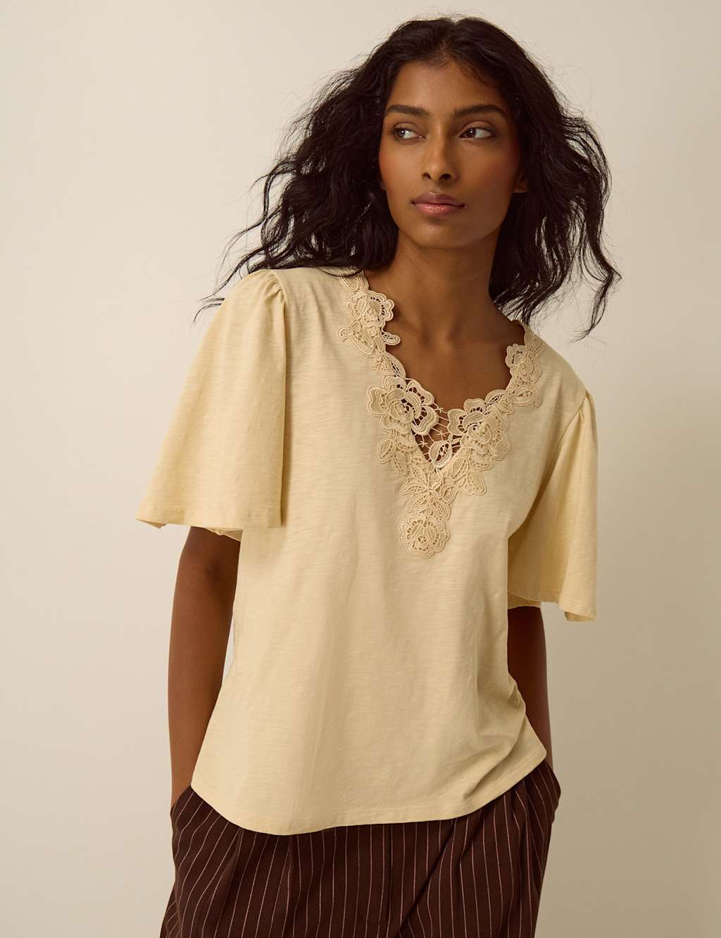 Monsoon Women's Pure Cotton V-Neck T-Shirt - Large - Yellow - Available at M&S