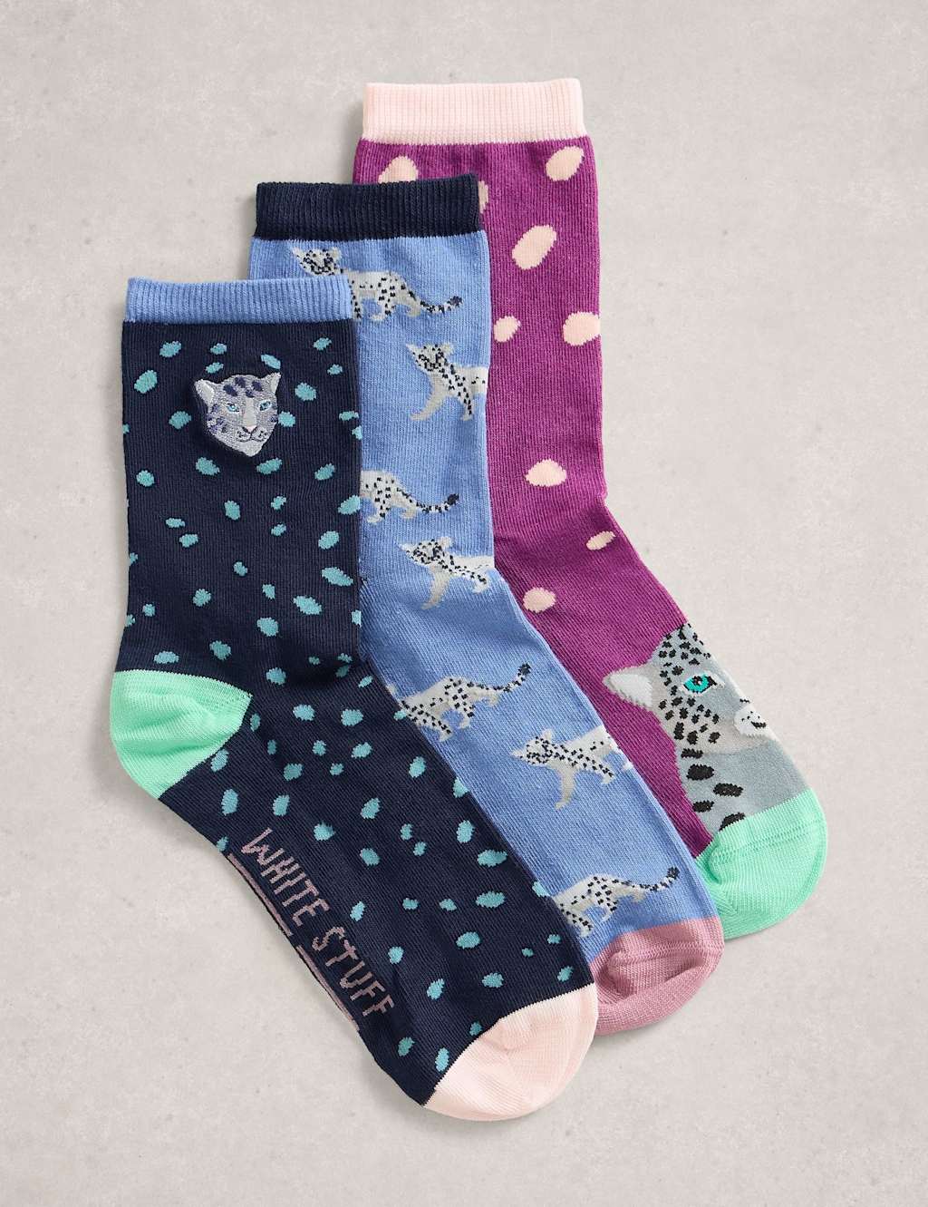 White Stuff 3pk Cotton Rich Cheetah Ankle High Socks Blue Mix