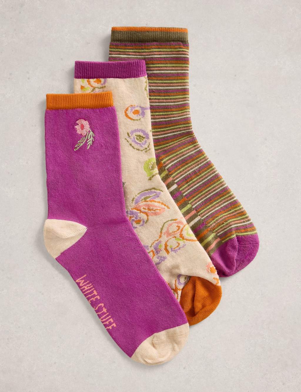 White Stuff 3pk Cotton Rich Floral Ankle High Socks Purple Mix