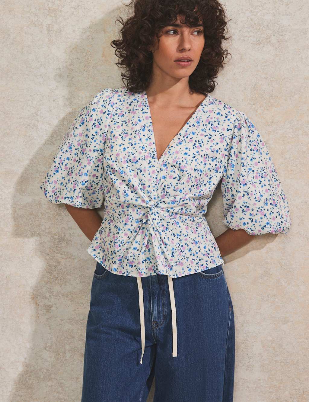 Pure Cotton Ditsy Floral Twist Front Blouse