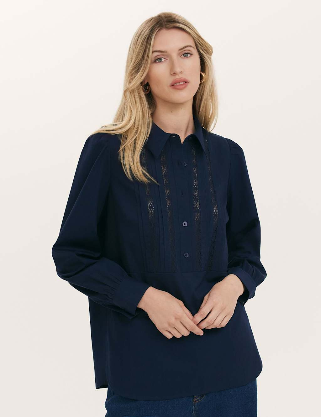 Finery London Lace Detail Cotton Shirt Navy