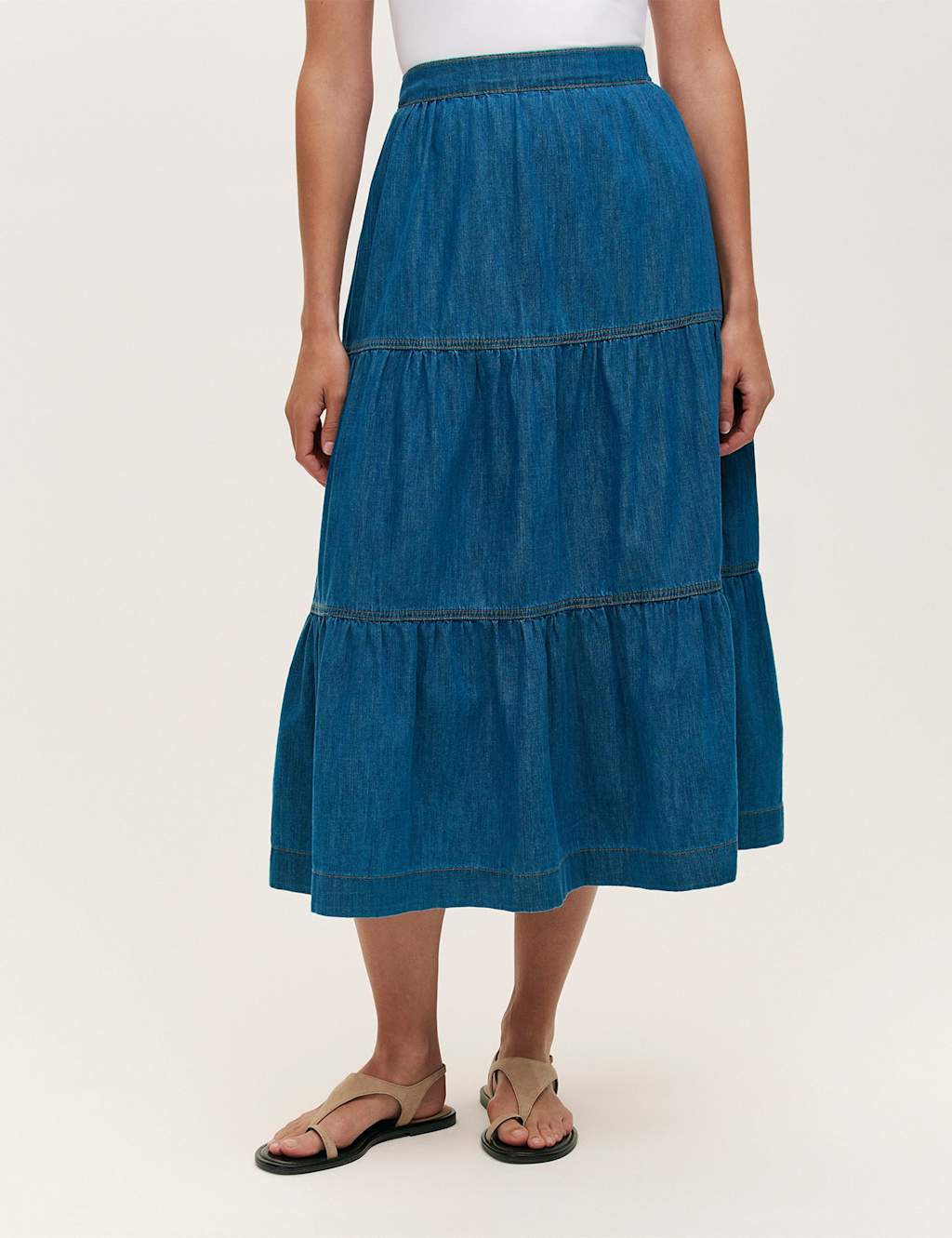 Finery London Women's Denim Midi Tiered Skirt - 12 - Light Blue - Available at M&S