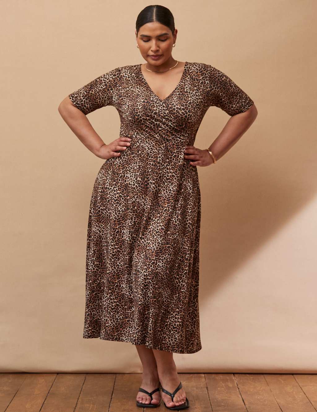 Live Unlimited London Animal Print V-Neck Midi Wrap Dress Brown Mix