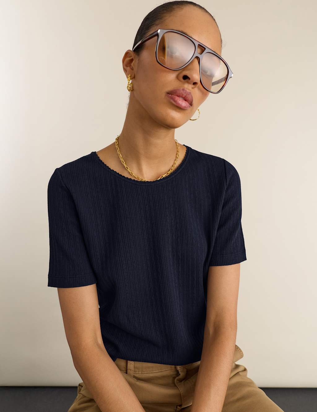 Baukjen Women's Jersey Pointelle Ribbed T-Shirt - 14 - Navy - Available at M&S