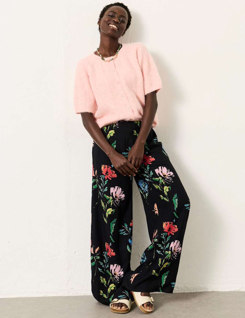 Fatface Women's Floral Elasticated Waist Wide Leg Trousers - 12 - Black Mix - Available at M&S