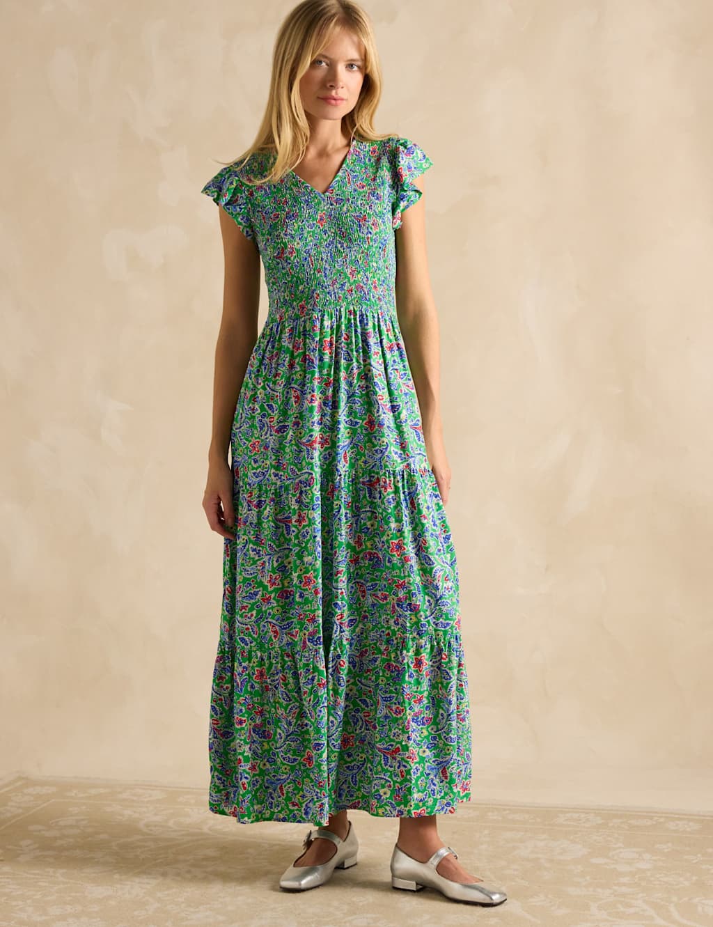 Floral Shirred V-Neck Maxi Tiered Dress