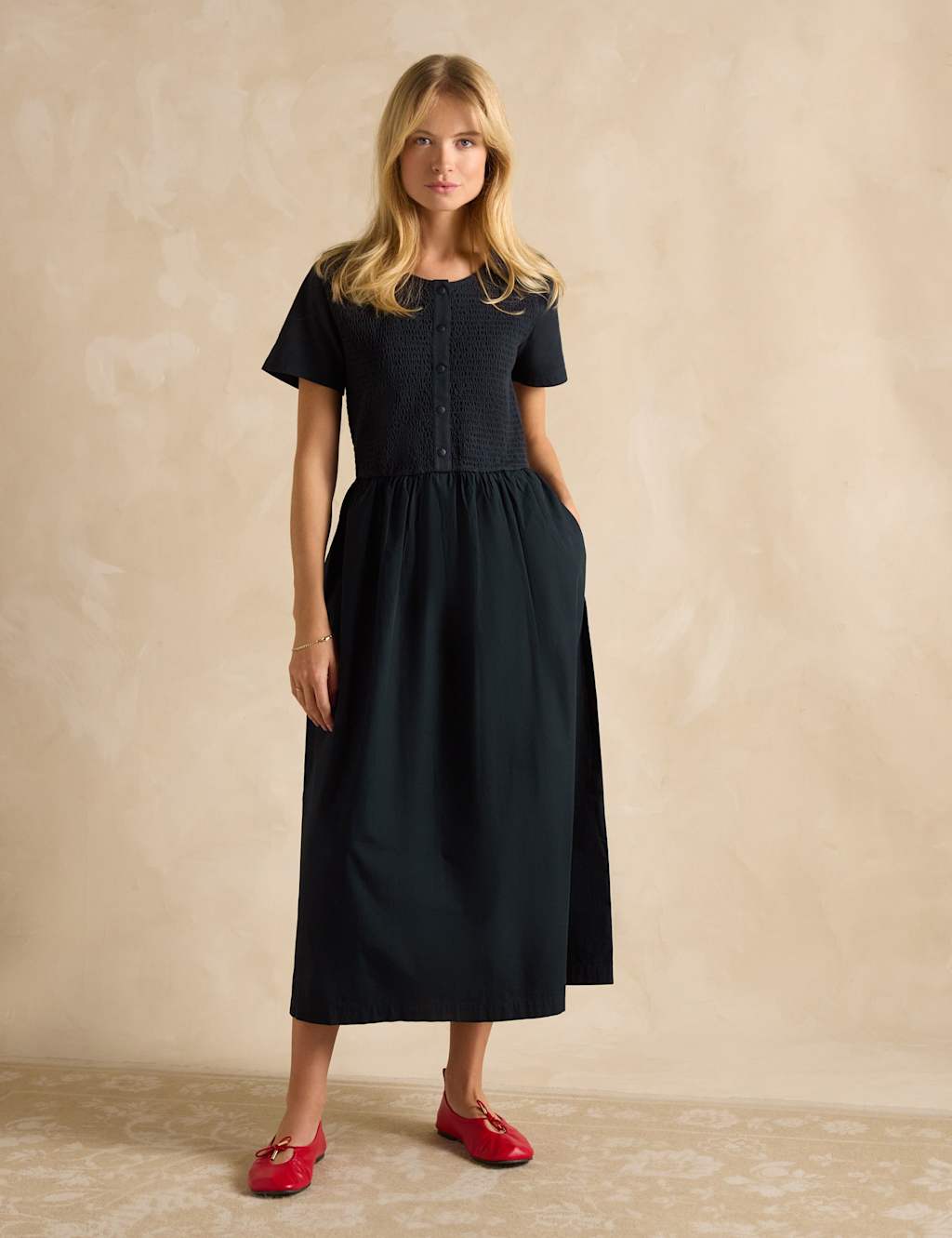 Pure Cotton Shirred Waisted Midaxi Dress