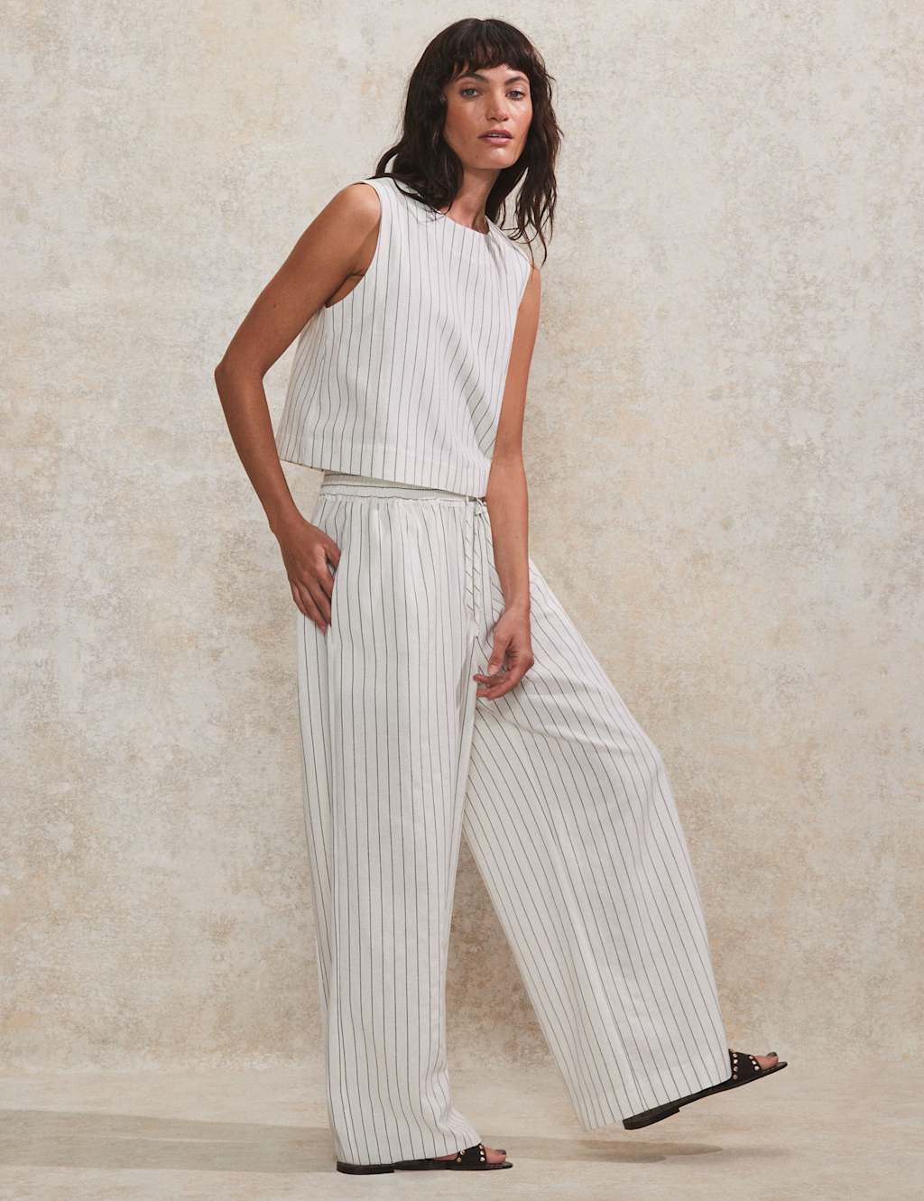 Linen Blend Striped Wide Leg Trousers