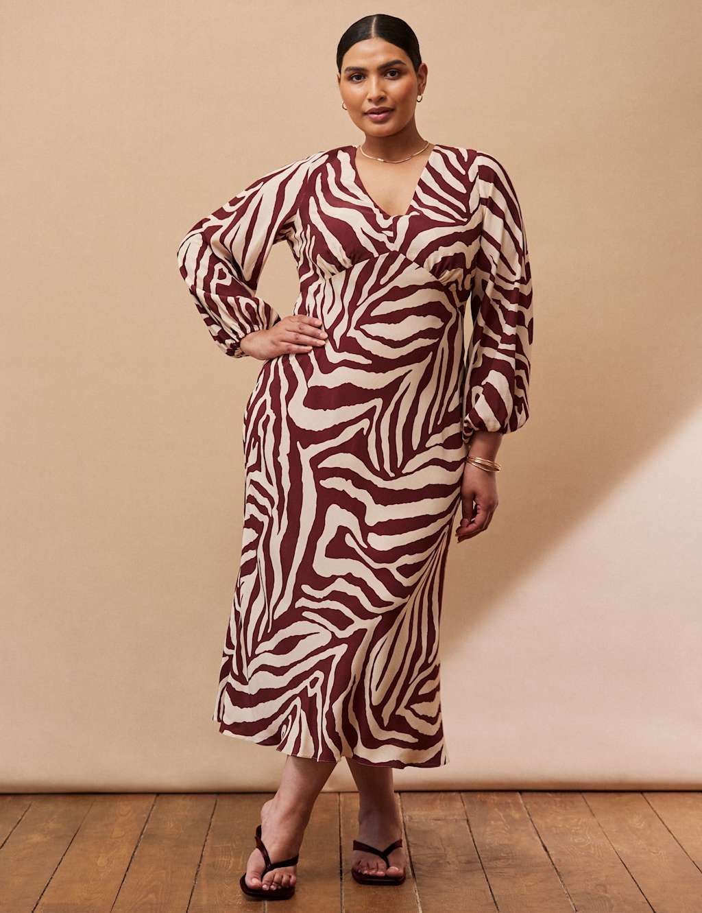 Live Unlimited London Animal Print V-Neck Midi Tea Dress Cream Mix