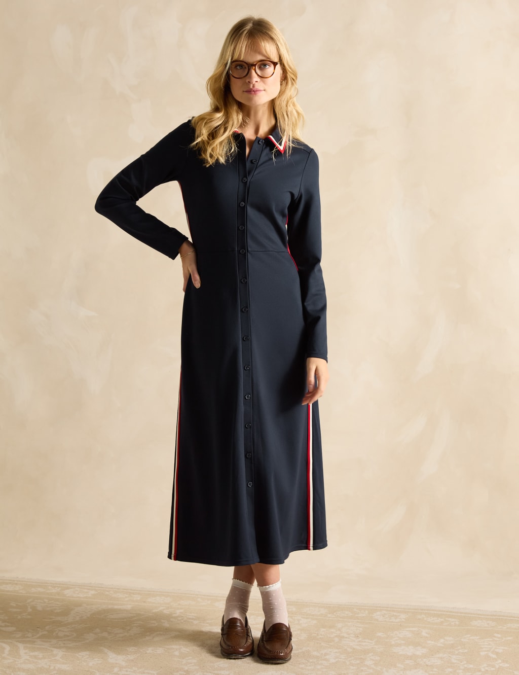 Jersey Patterned Collared Midaxi Shirt Dress