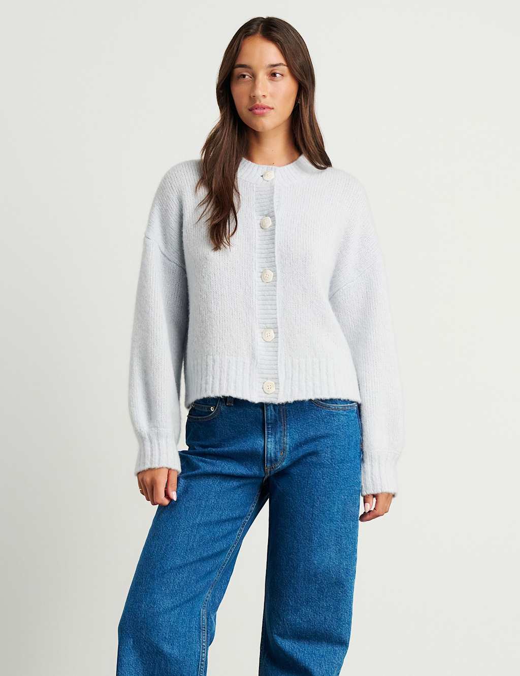 Jag Wool Blend Crew Neck Cardigan with Alpaca Light Blue