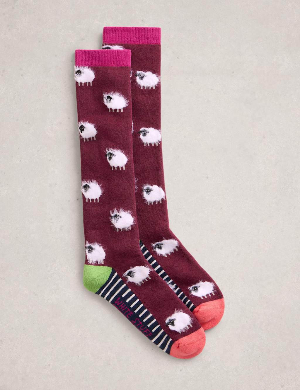 White Stuff Cotton Rich Fluffy Sheep Knee High Socks Purple