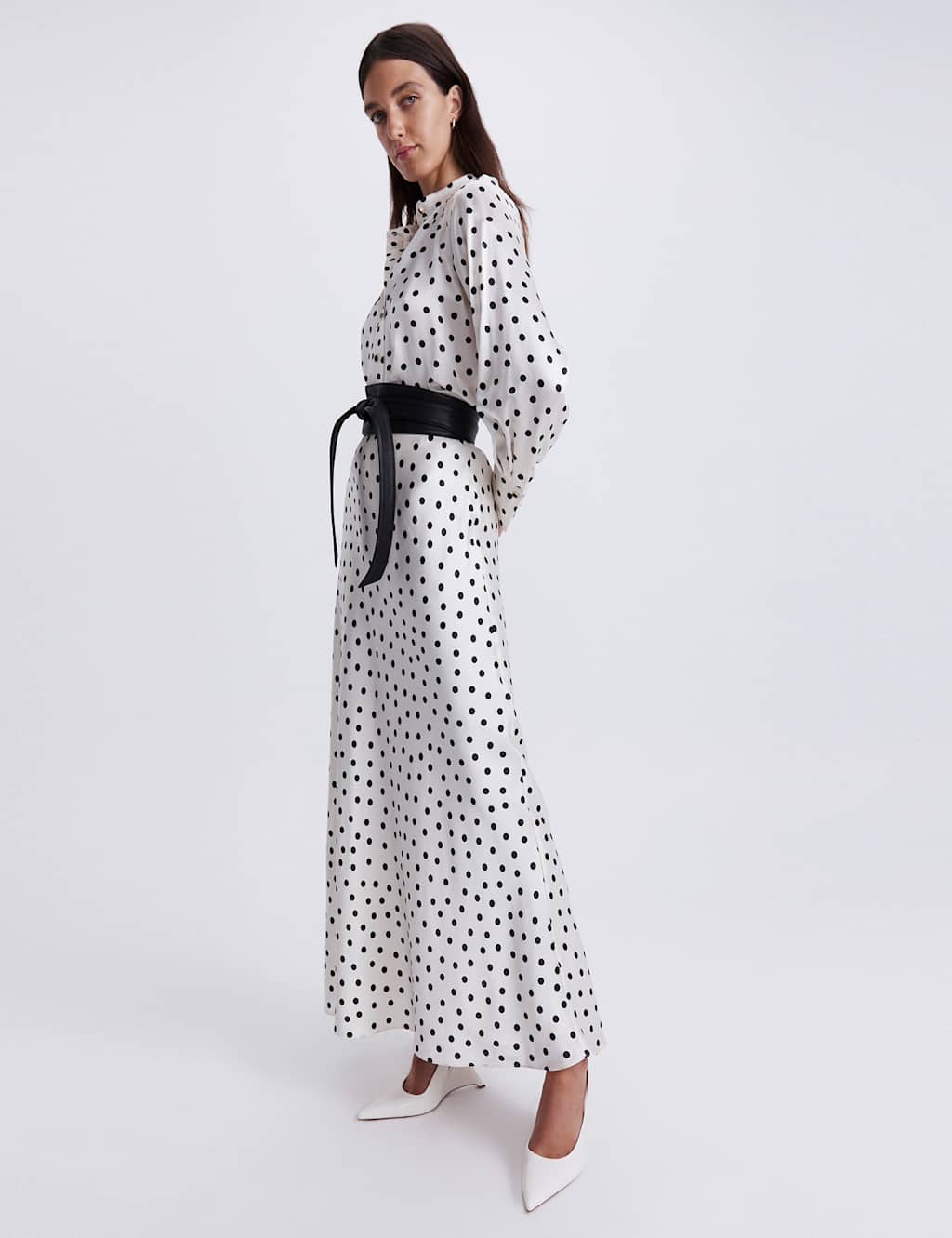 SABA Pure Silk Polka Dot Maxi A-Line Skirt White Mix