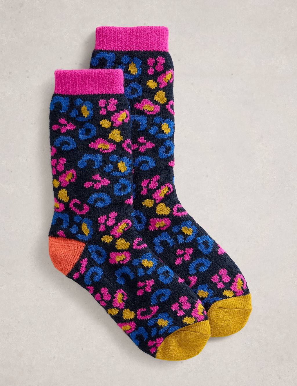 White Stuff Leopard Camo Ankle High Socks Blue Mix