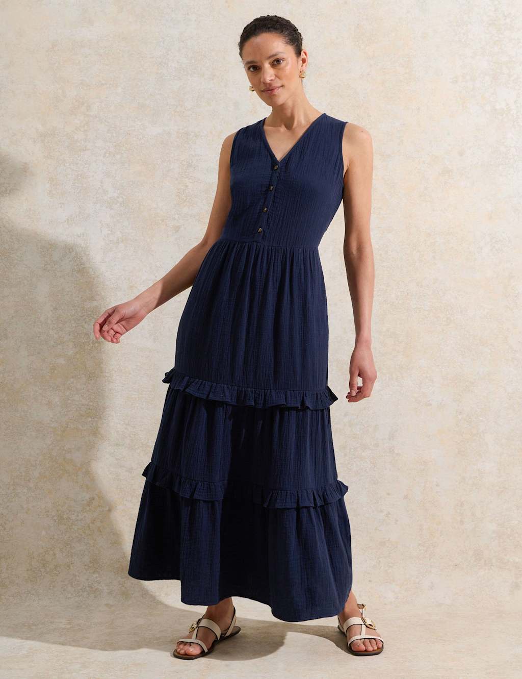 Pure Cotton V-Neck Maxi Tiered Dress