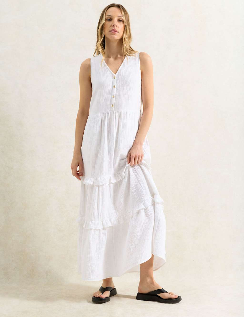 Pure Cotton V-Neck Maxi Tiered Dress