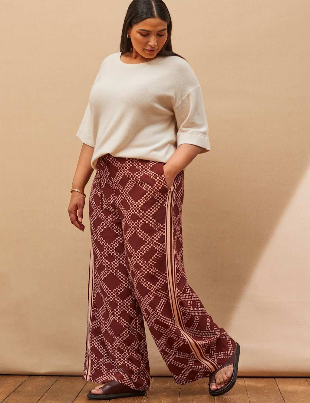 Live Unlimited London Printed Elasticated Waist Wide Leg Trousers Brown