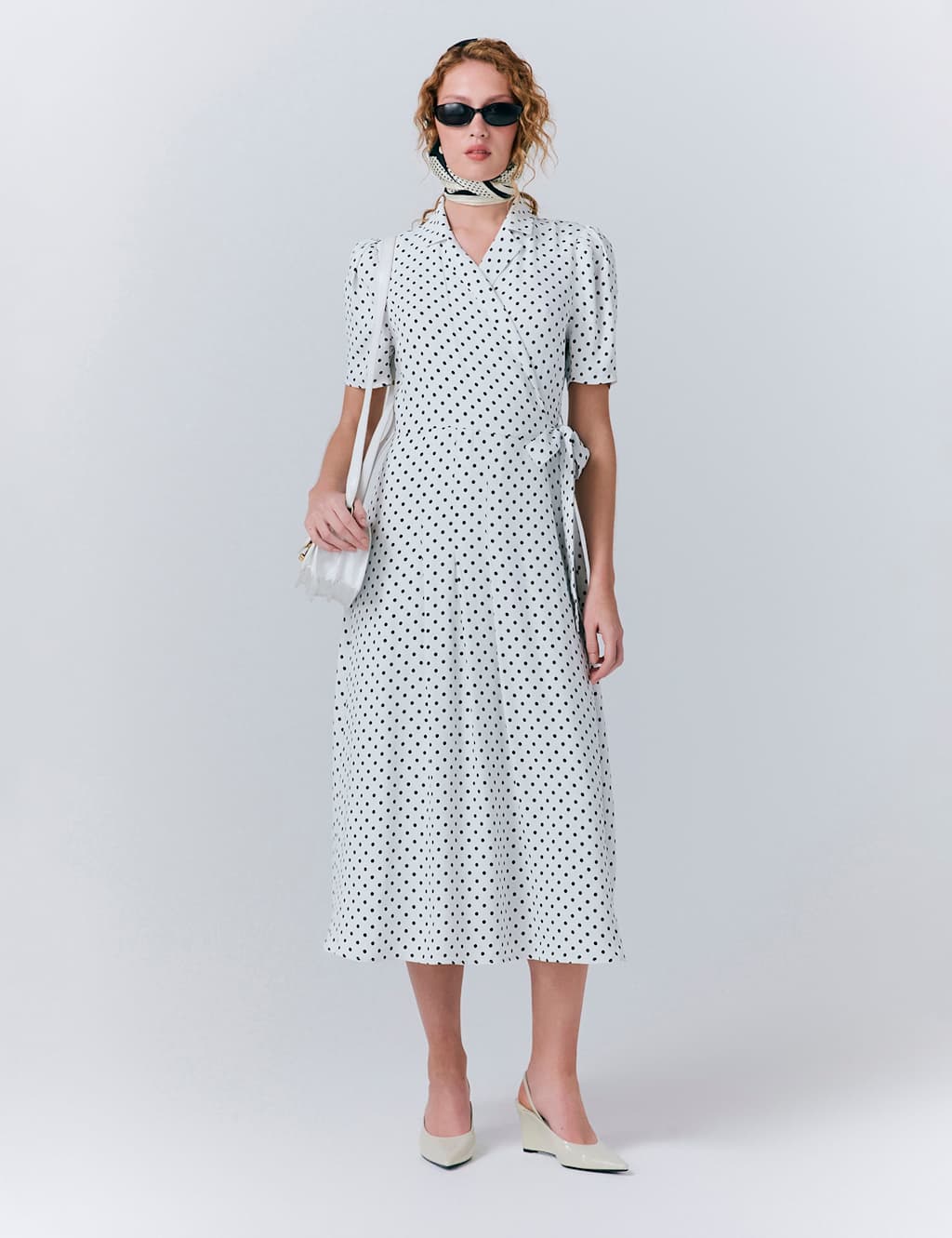 Crepe Polka Dot Midi Wrap Tea Dress