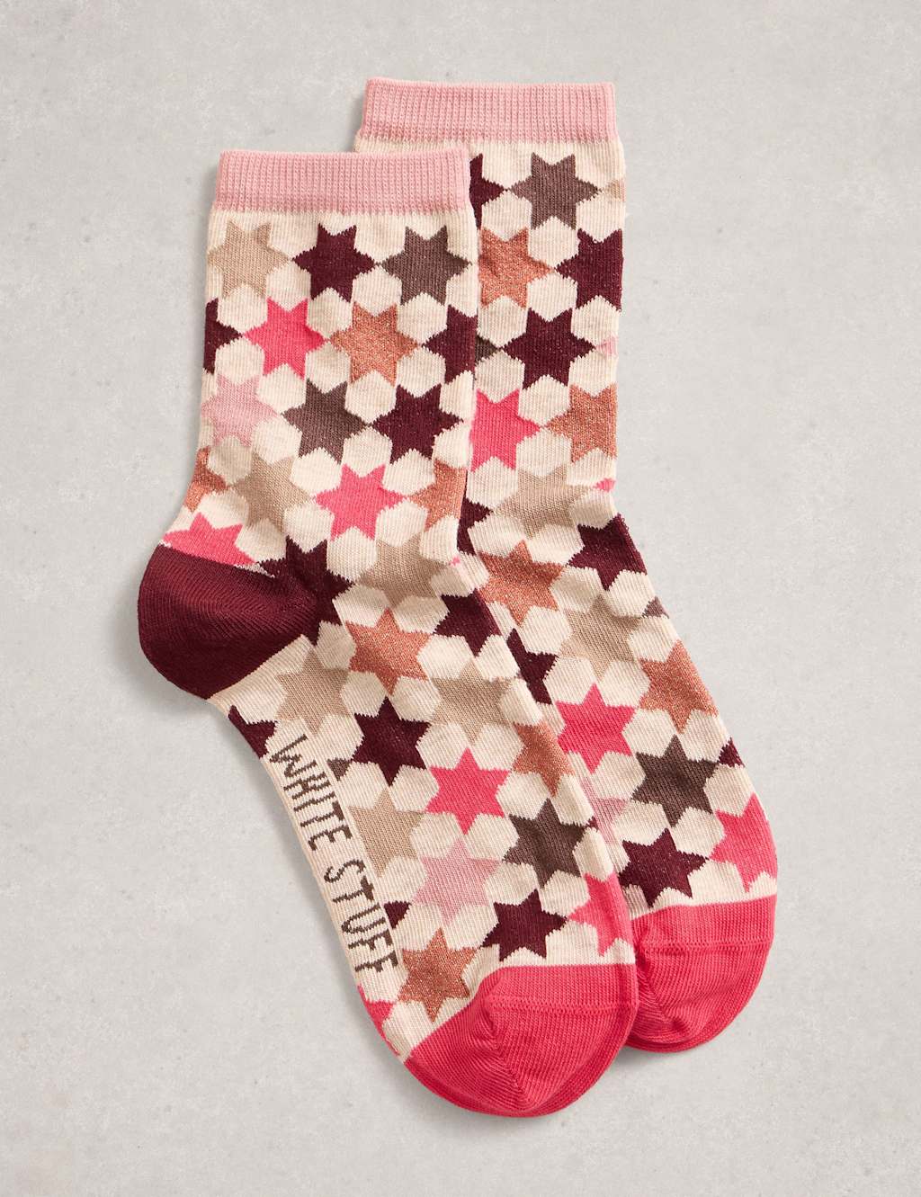 White Stuff Cotton Rich Geometric Ankle High Socks Pink Mix