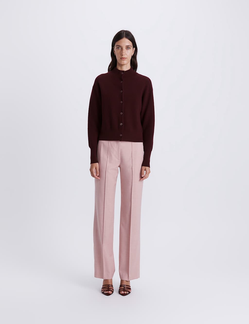 SABA Boiled Wool Rich Crew Neck Button Front Cardigan Purple