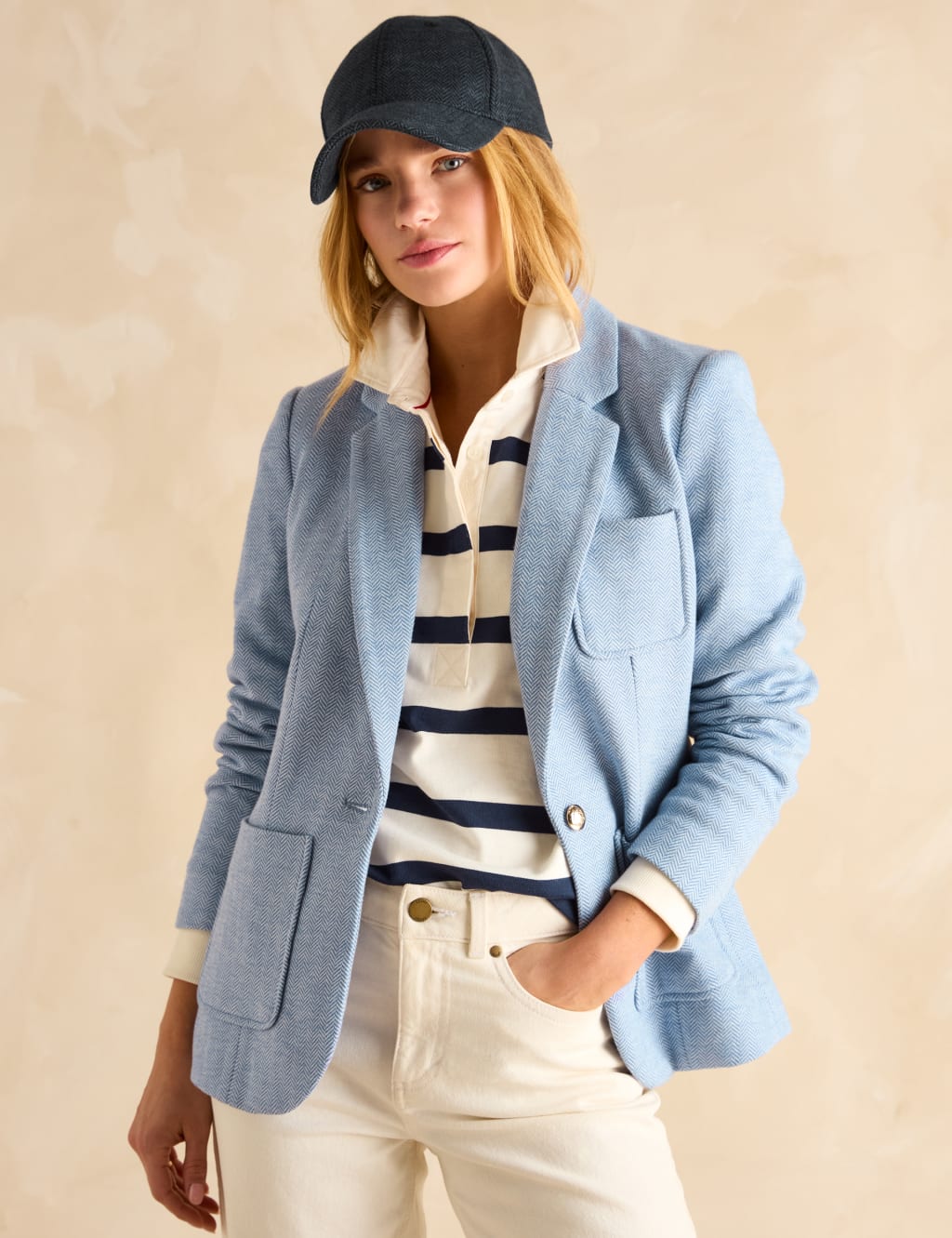 Cotton Rich Herringbone Single Breasted Blazer