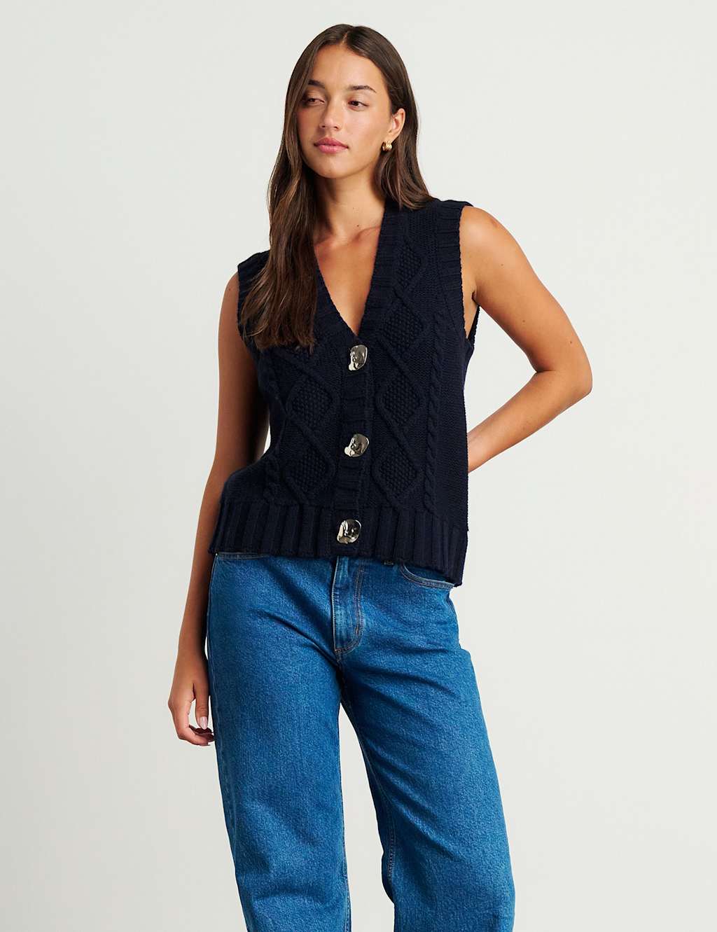 Jag Pure Merino Wool Textured V-Neck Knitted Vest Navy