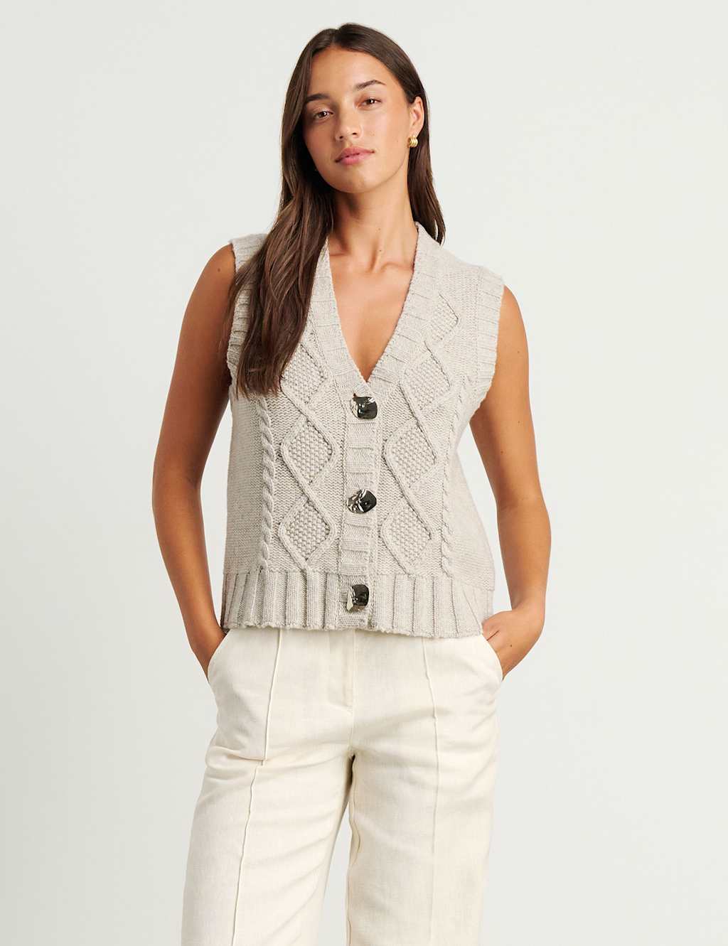 Jag Pure Merino Wool Textured V-Neck Knitted Vest Neutral