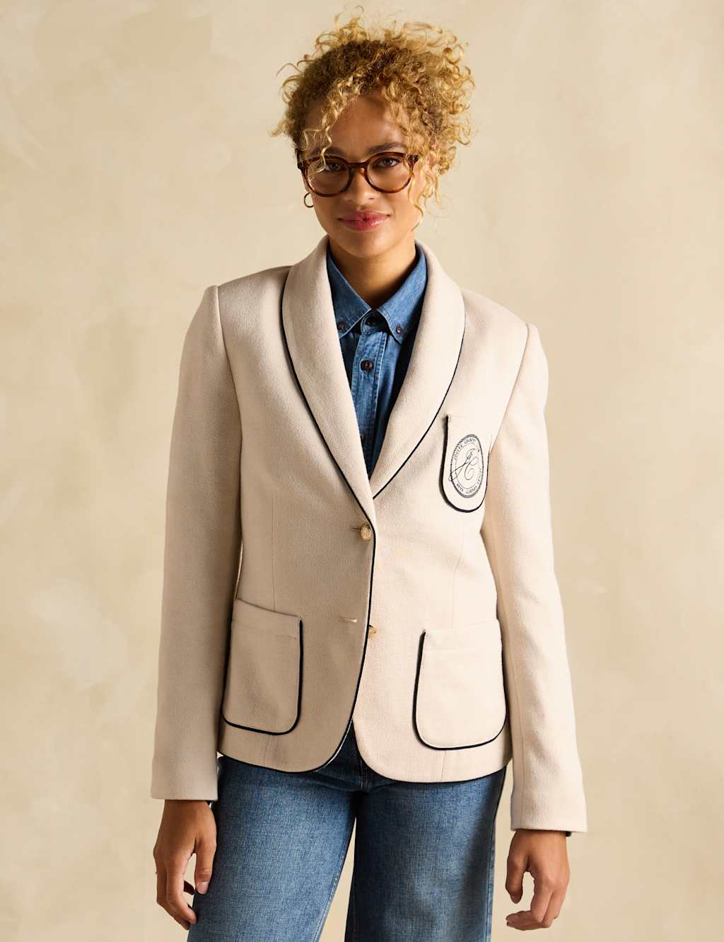 Cotton Rich Herringbone Shawl Collar Blazer