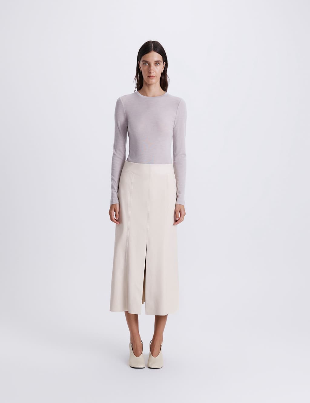 SABA Faux Leather Split Front Midi A-Line Skirt Neutral