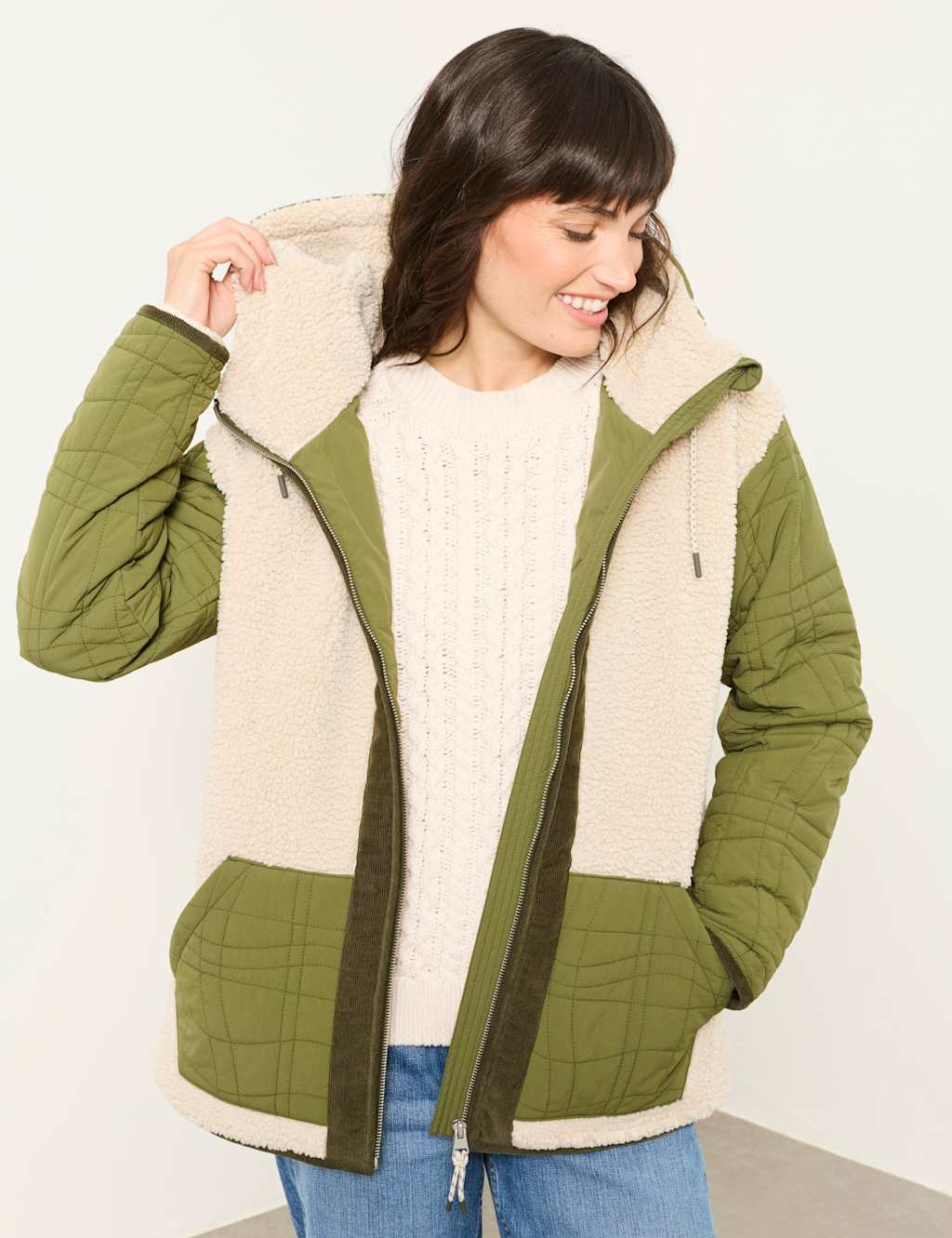Fatface Women's Borg Quilted Hooded Zip Through Jacket - 20 - Green - Available at M&S