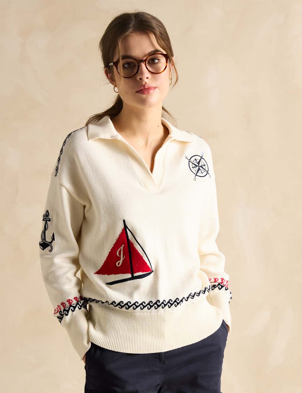 Pure Cotton Intarsia Collared V-Neck Jumper