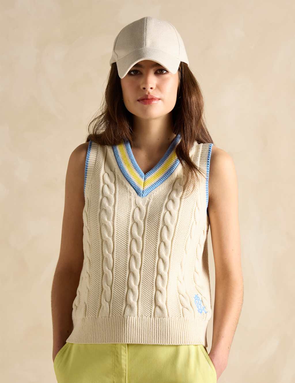 Pure Cotton Cable Knit V-Neck Knitted Vest