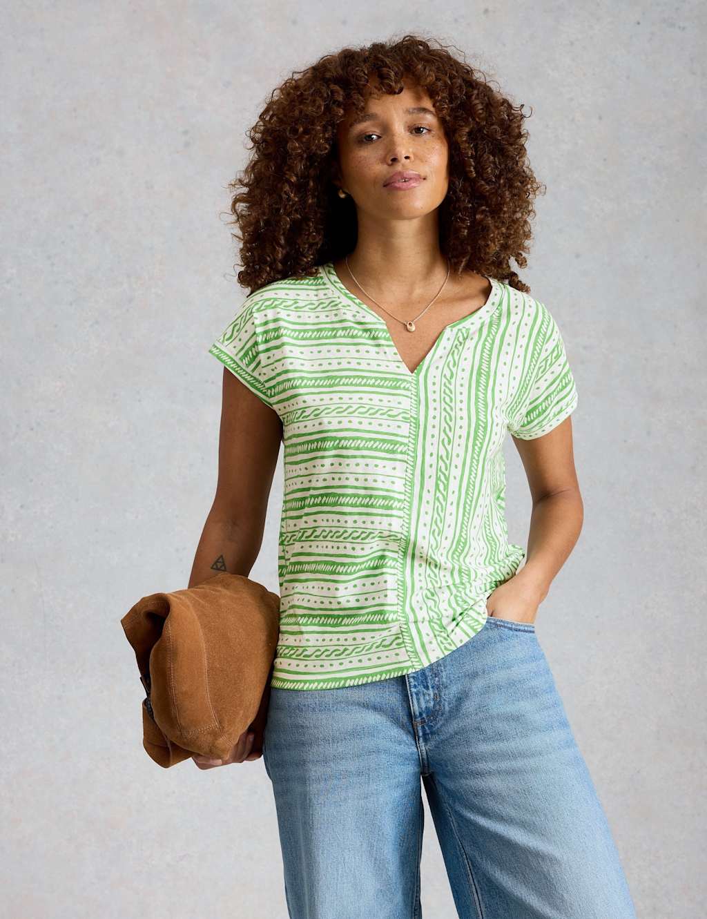White Stuff Women's Pure Cotton Striped Notch Neck T-Shirt - 10 - Green Mix - Available at M&S