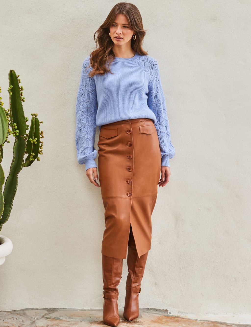 Leather Button Front Midi Pencil Skirt