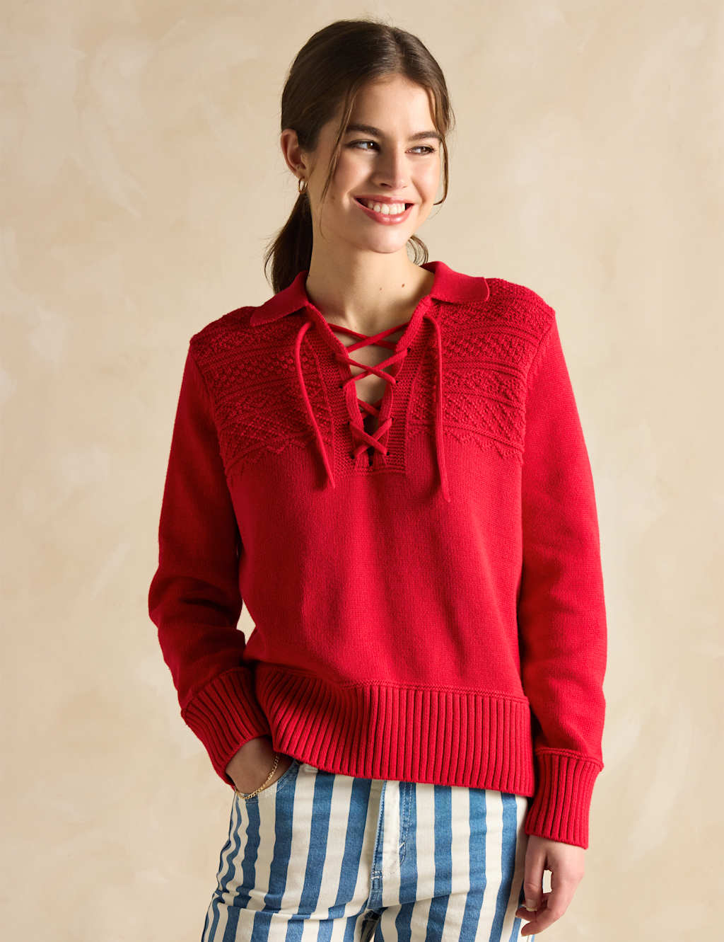 Pure Cotton Textured Lace Up Collared Jumper