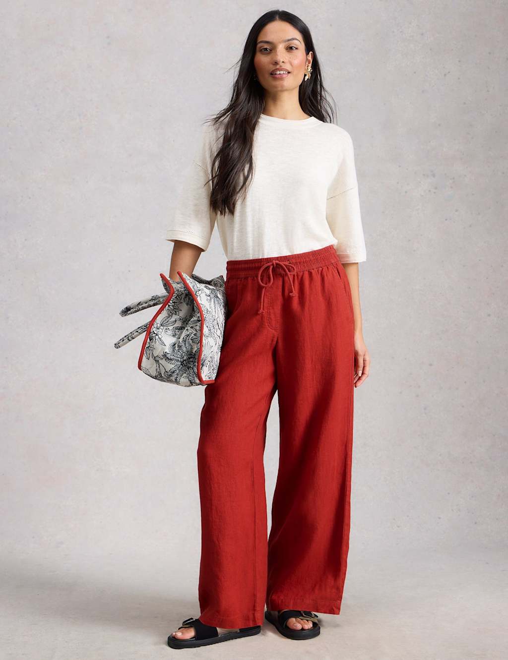 White Stuff Women's Pure Linen Printed Wide Leg Trousers - 10 - Red - Available at M&S