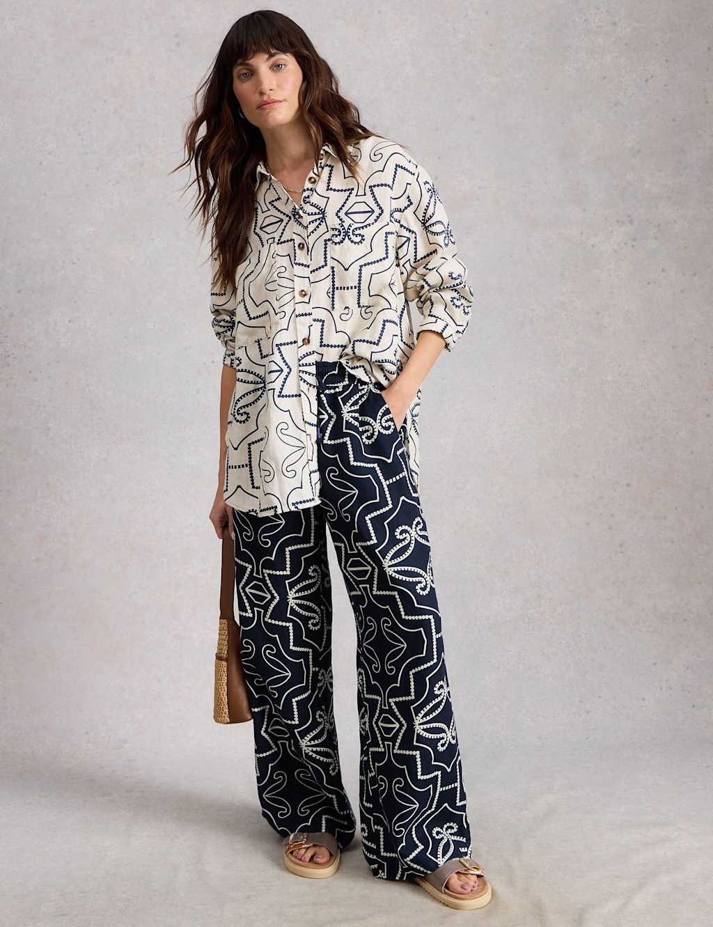 White Stuff Women's Pure Linen Printed Wide Leg Trousers - 12 - Navy Mix - Available at M&S