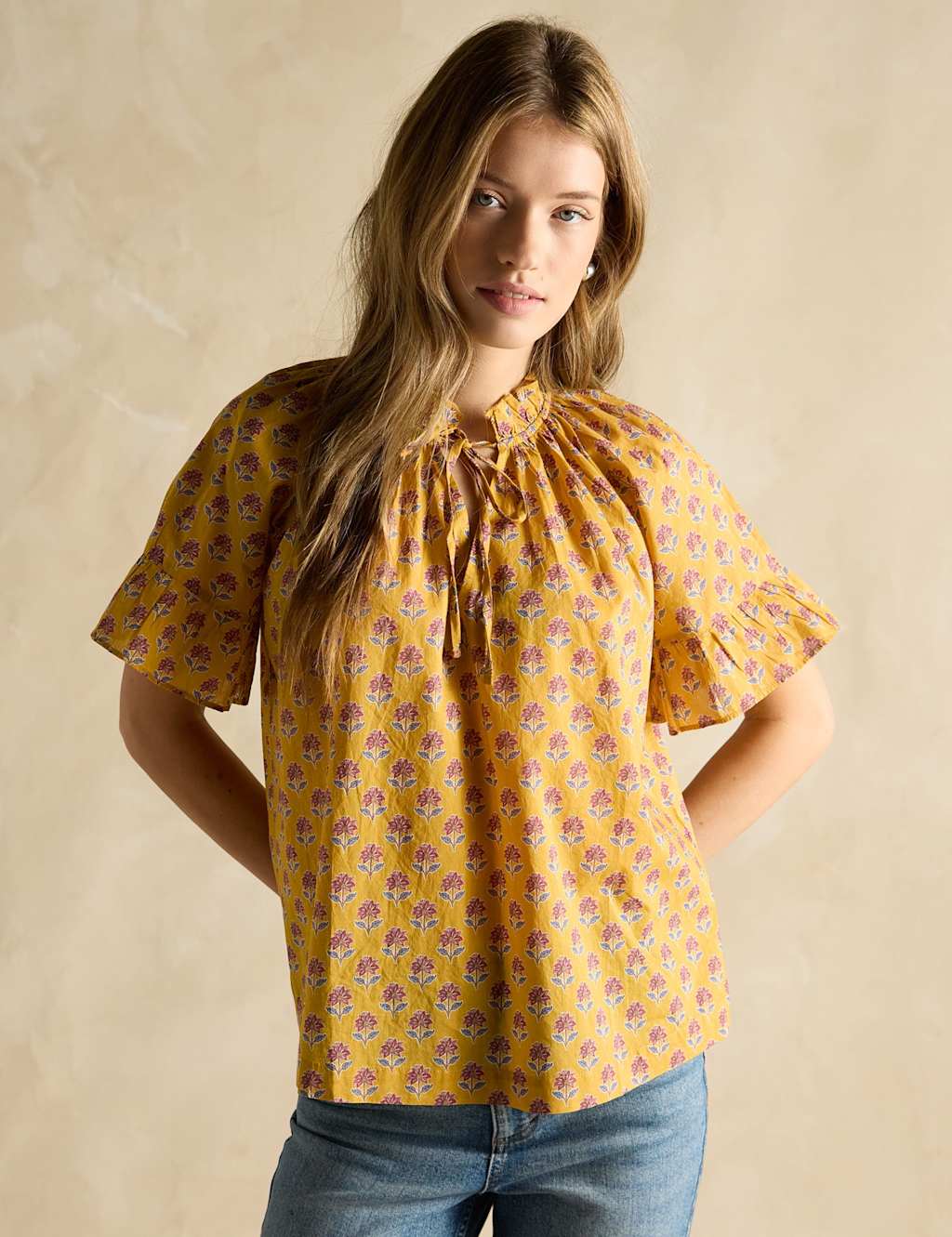 Pure Cotton Floral Frill Detail Top