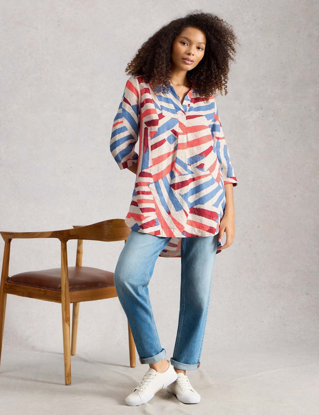 White Stuff Women's Pure Linen Printed Button Detail Tunic - 14 - White Mix - Available at M&S