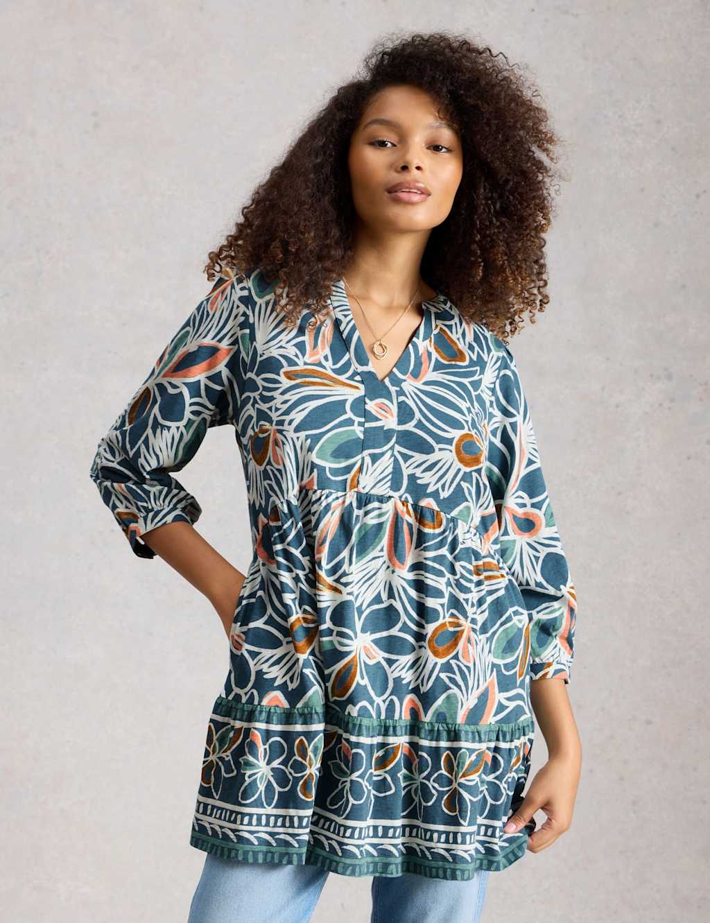 White Stuff Women's Pure Cotton Printed V-Neck Tunic - 14 - Teal Mix - Available at M&S