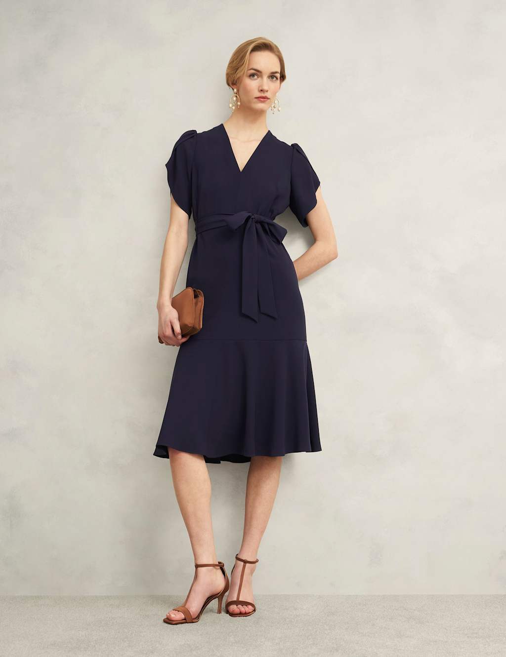 V-Neck Tie Detail Midi Waisted Dress