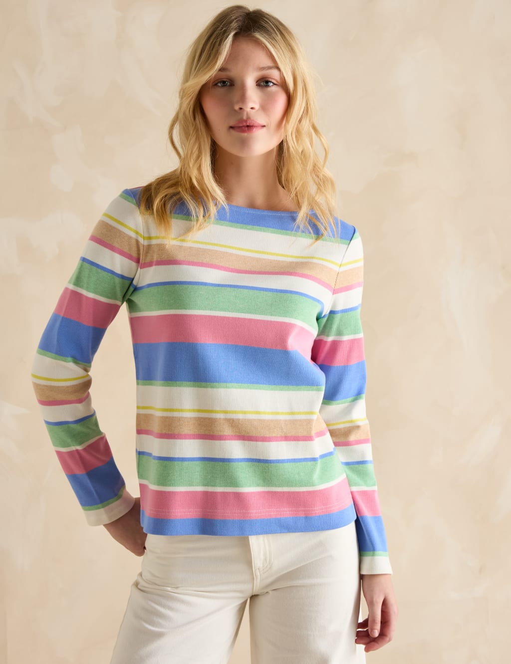 Pure Cotton Jersey Striped Slash Neck Top