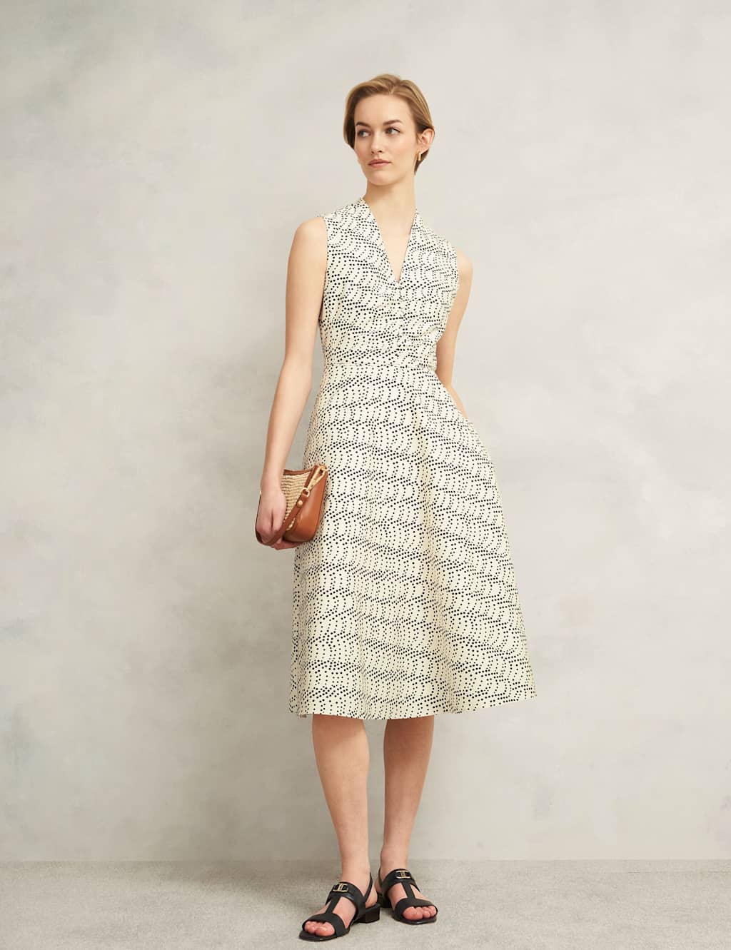 Cotton Rich Polka Dot V-Neck Waisted Dress