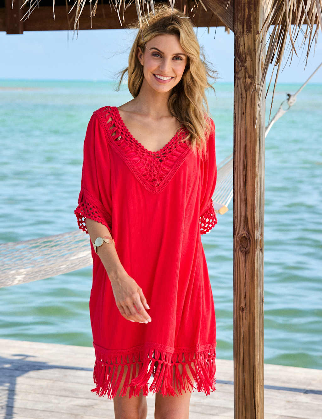 Sosandar Women's Macrame Fringe Detail V-Neck Kaftan Dress - Small - Pink - Available at M&S