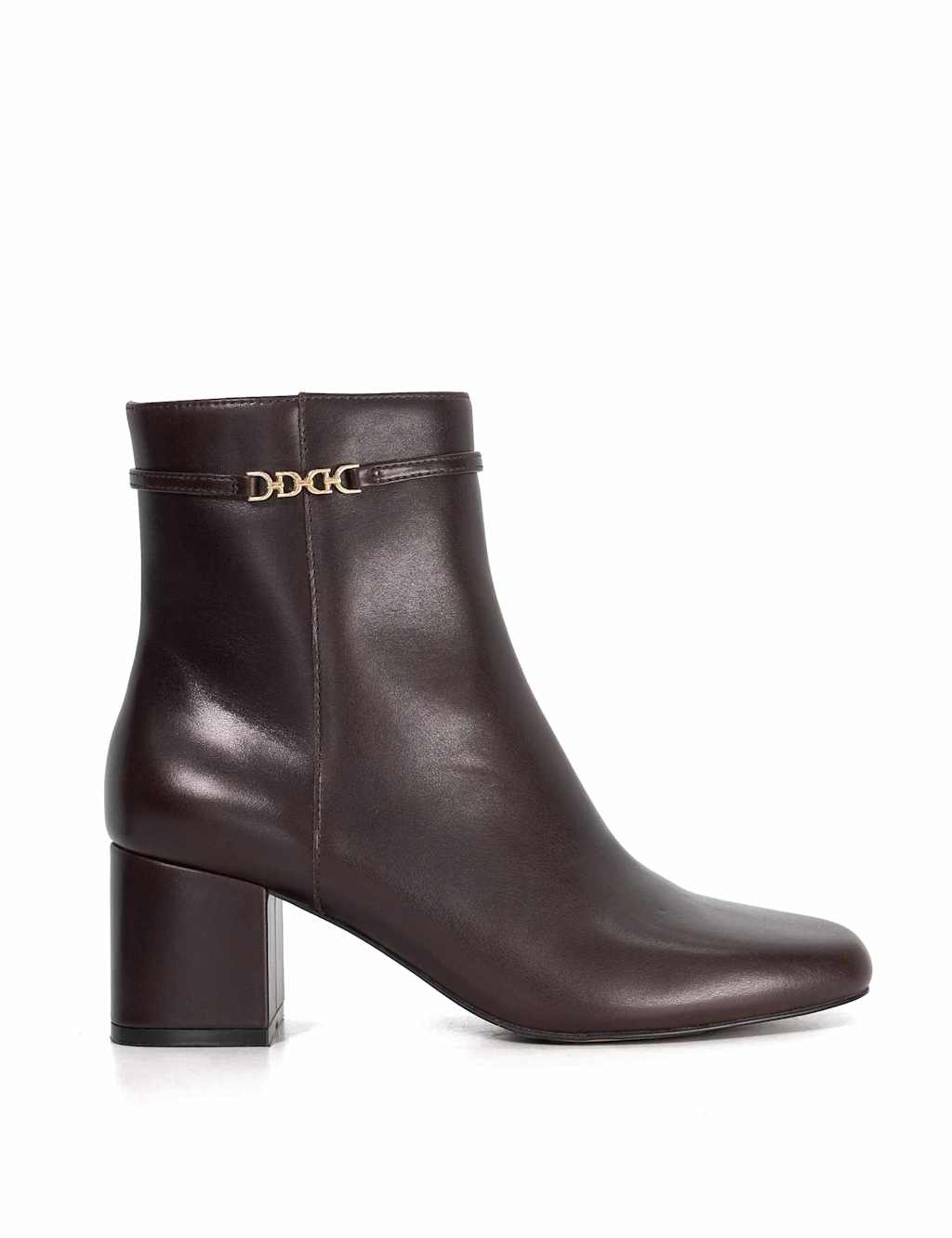 Dune London Leather Chain Block Heel Ankle Boots Brown