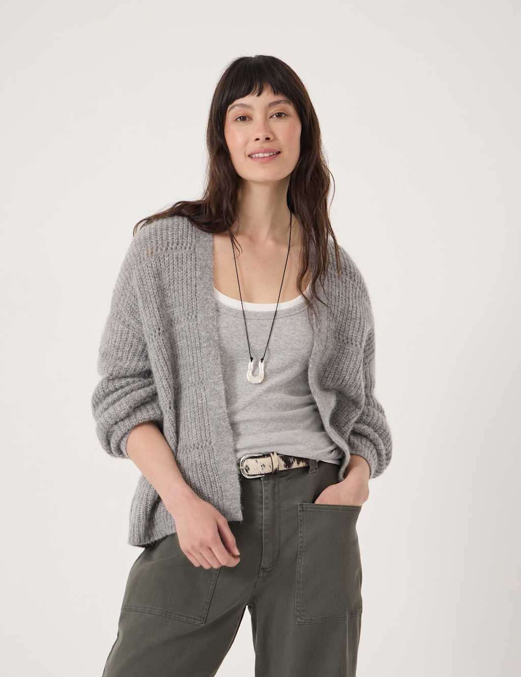 Hush Women's Alpaca Blend Pointelle Relaxed Cardigan - Small-Medium - Grey Marl - Available at M&S